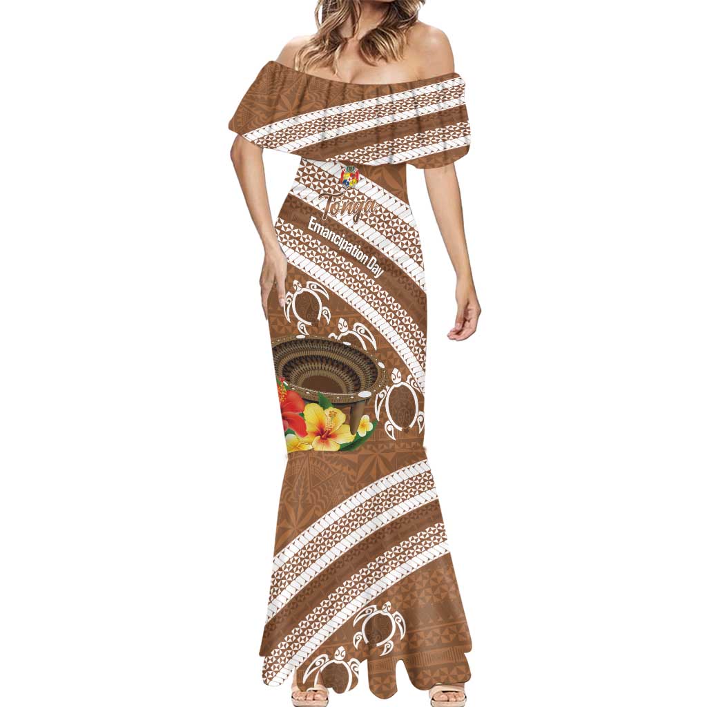 Kingdom Of Tonga Emancipation Day Mermaid Dress Tongan Ngatu With Kumete Brown