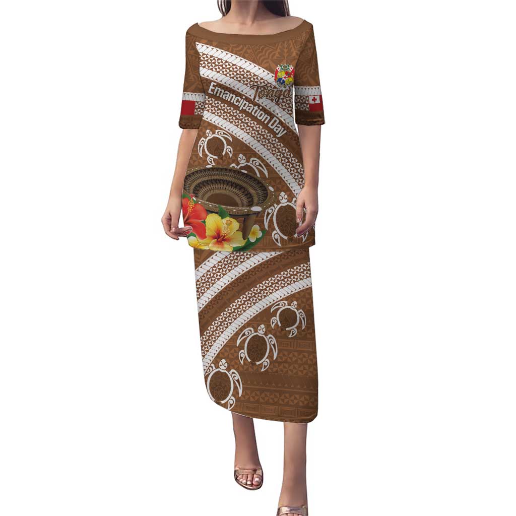 Kingdom Of Tonga Emancipation Day Puletasi Tongan Ngatu With Kumete Brown LT14 Long Dress Brown - Polynesian Pride
