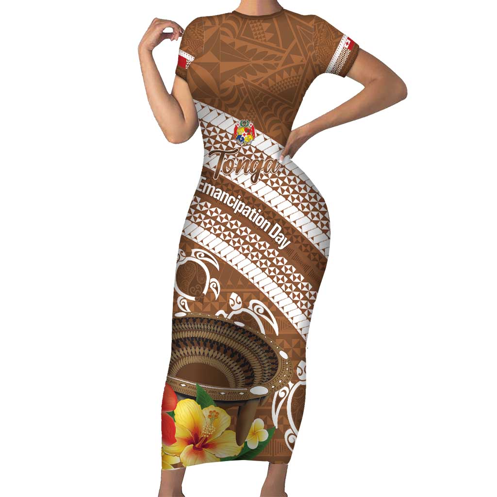 Kingdom Of Tonga Emancipation Day Short Sleeve Bodycon Dress Tongan Ngatu With Kumete Brown