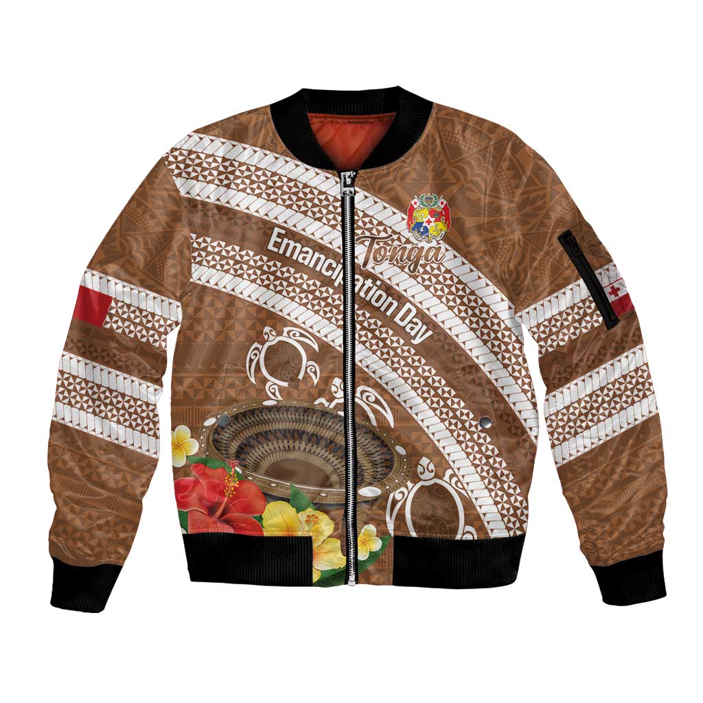 Kingdom Of Tonga Emancipation Day Sleeve Zip Bomber Jacket Tongan Ngatu With Kumete Brown