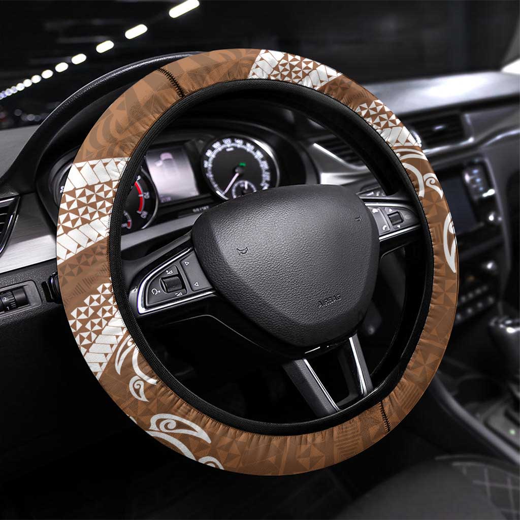 Kingdom Of Tonga Emancipation Day Steering Wheel Cover Tongan Ngatu With Kumete Brown LT14 Universal Fit Brown - Polynesian Pride