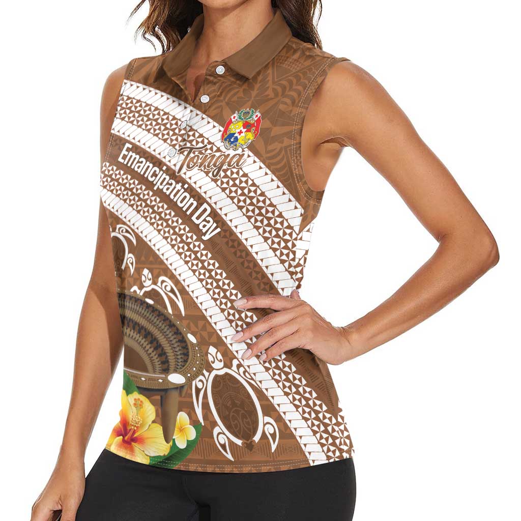 Kingdom Of Tonga Emancipation Day Women Sleeveless Polo Shirt Tongan Ngatu With Kumete Brown