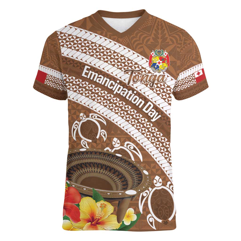Kingdom Of Tonga Emancipation Day Women V-Neck T-Shirt Tongan Ngatu With Kumete Brown