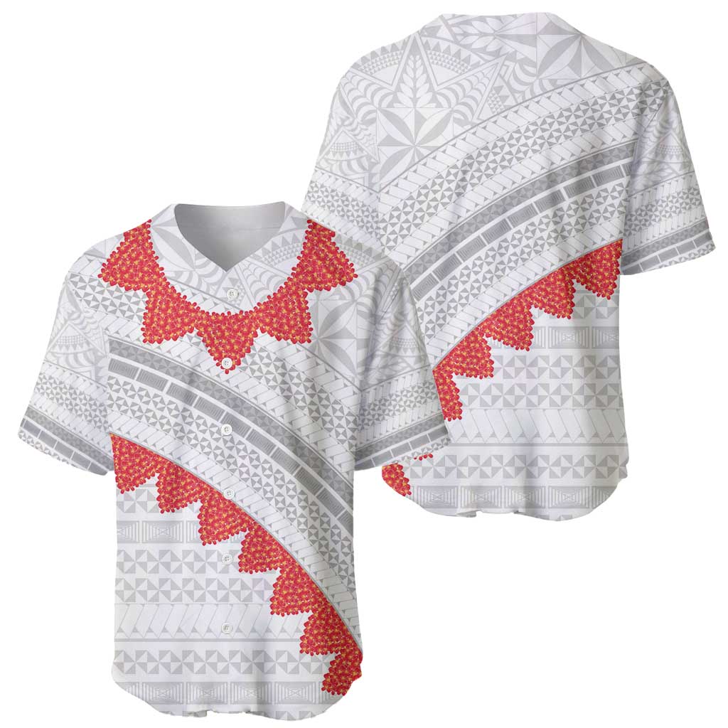Tonga White Sunday Baseball Jersey Heilala Flowers Tongan Ngatu Pattern