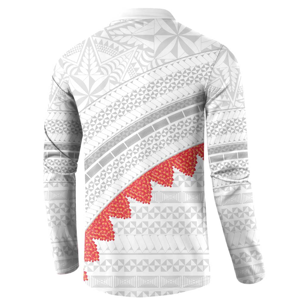 Tonga White Sunday Button Sweatshirt Heilala Flowers Tongan Ngatu Pattern