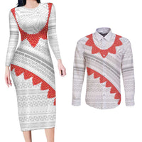 Tonga White Sunday Couples Matching Long Sleeve Bodycon Dress and Long Sleeve Button Shirt Heilala Flowers Tongan Ngatu Pattern