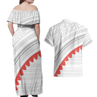 Tonga White Sunday Couples Matching Off Shoulder Maxi Dress and Hawaiian Shirt Heilala Flowers Tongan Ngatu Pattern