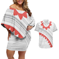 Tonga White Sunday Couples Matching Off Shoulder Short Dress and Hawaiian Shirt Heilala Flowers Tongan Ngatu Pattern