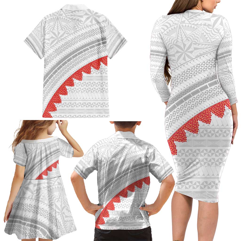 Tonga White Sunday Family Matching Long Sleeve Bodycon Dress and Hawaiian Shirt Heilala Flowers Tongan Ngatu Pattern