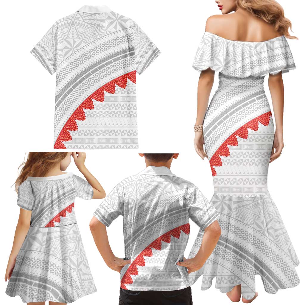 Tonga White Sunday Family Matching Mermaid Dress and Hawaiian Shirt Heilala Flowers Tongan Ngatu Pattern