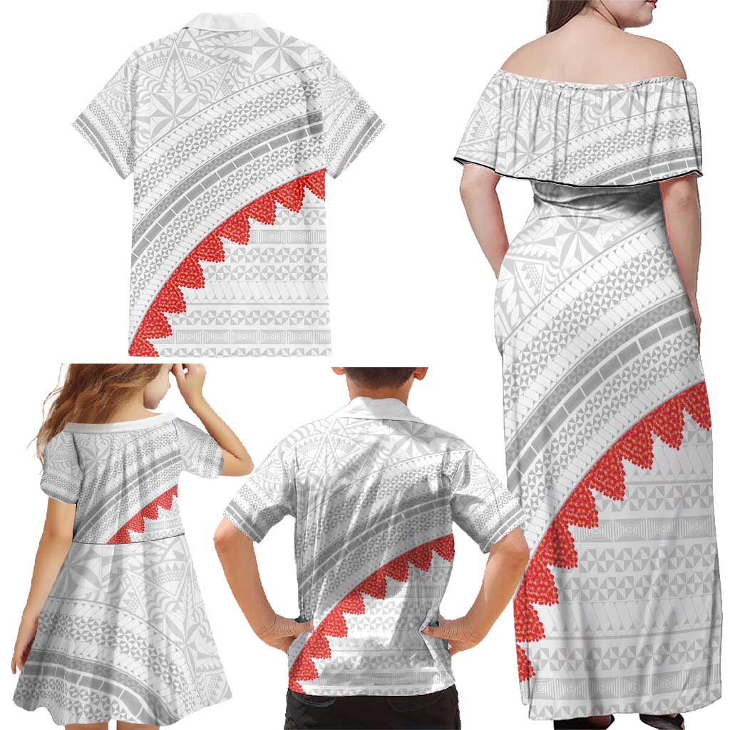 Tonga White Sunday Family Matching Off Shoulder Maxi Dress and Hawaiian Shirt Heilala Flowers Tongan Ngatu Pattern
