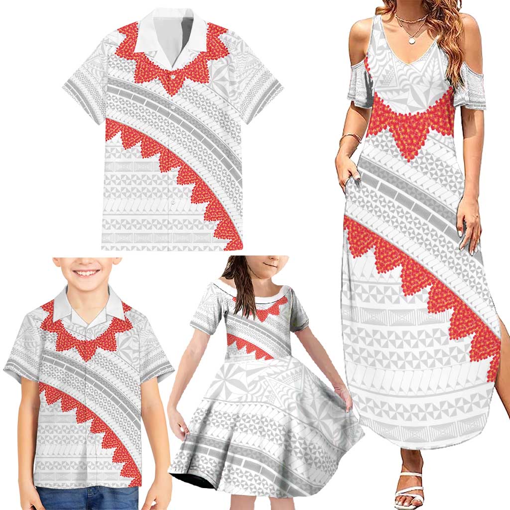 Tonga White Sunday Family Matching Summer Maxi Dress and Hawaiian Shirt Heilala Flowers Tongan Ngatu Pattern