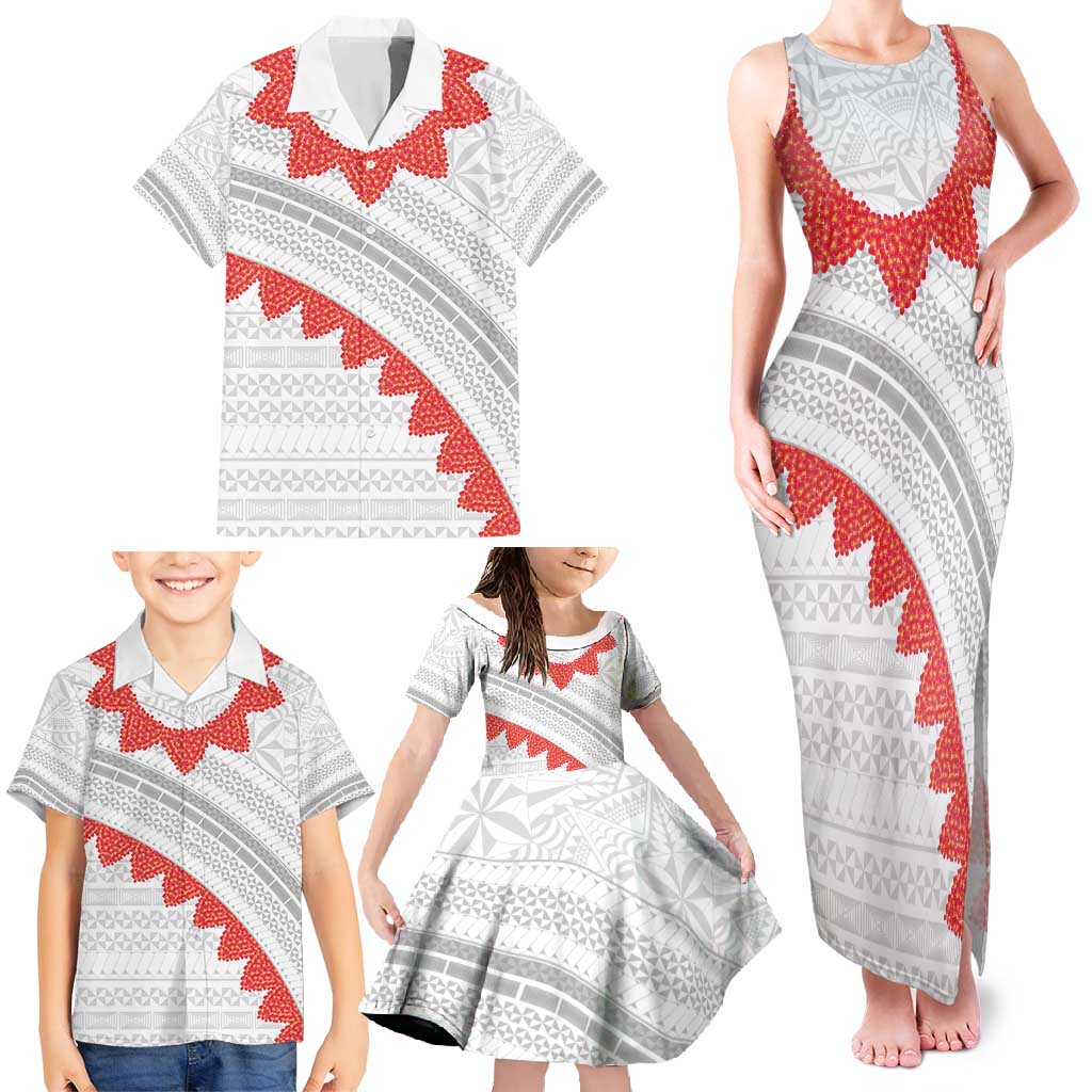 Tonga White Sunday Family Matching Tank Maxi Dress and Hawaiian Shirt Heilala Flowers Tongan Ngatu Pattern
