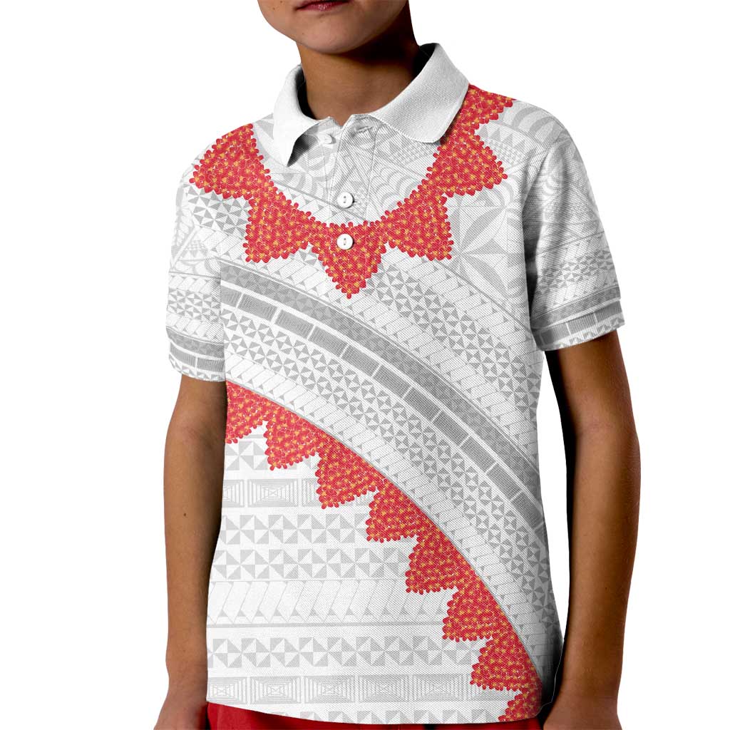 Tonga White Sunday Kid Polo Shirt Heilala Flowers Tongan Ngatu Pattern