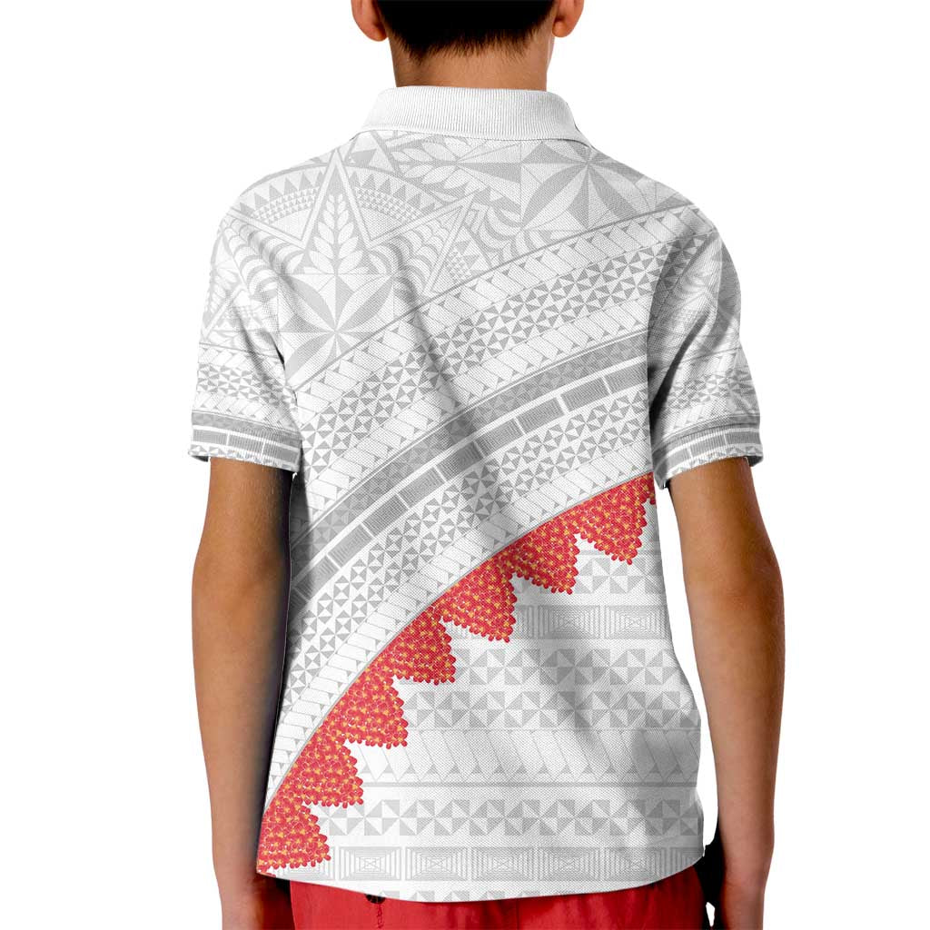 Tonga White Sunday Kid Polo Shirt Heilala Flowers Tongan Ngatu Pattern