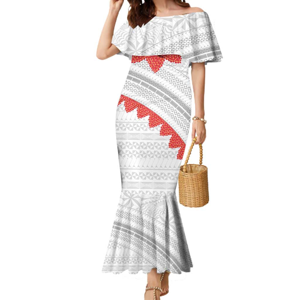 Tonga White Sunday Mermaid Dress Heilala Flowers Tongan Ngatu Pattern