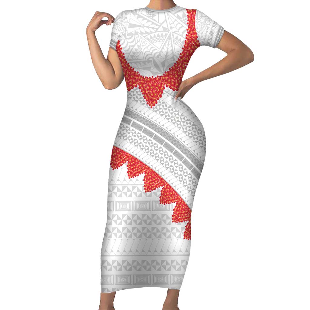 Tonga White Sunday Short Sleeve Bodycon Dress Heilala Flowers Tongan Ngatu Pattern
