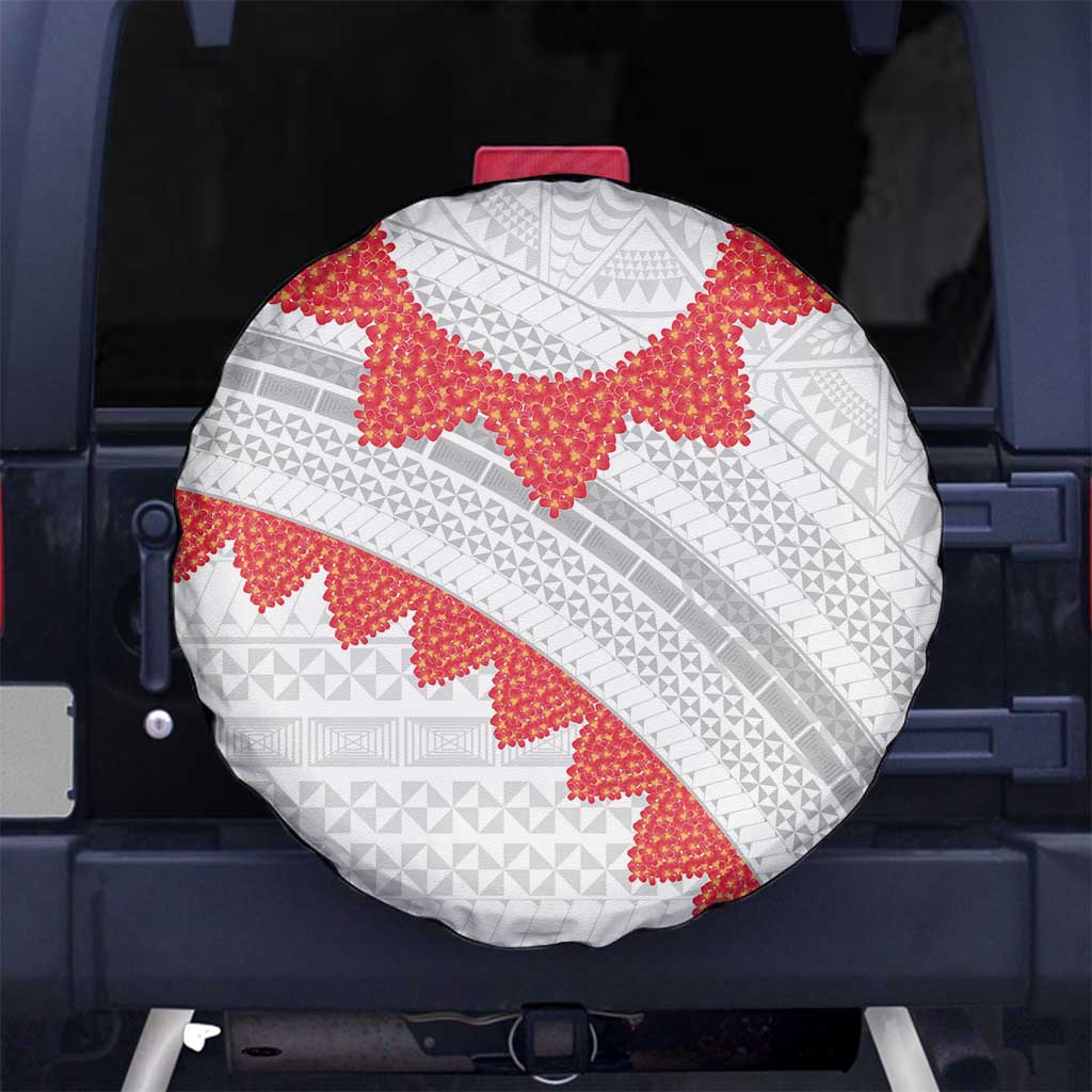 Tonga White Sunday Spare Tire Cover Heilala Flowers Tongan Ngatu Pattern
