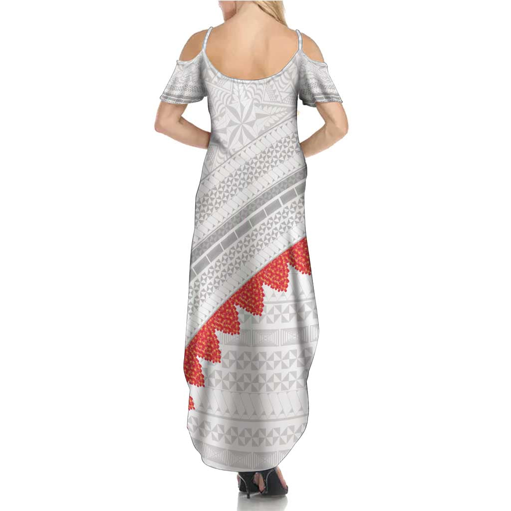 Tonga White Sunday Summer Maxi Dress Heilala Flowers Tongan Ngatu Pattern