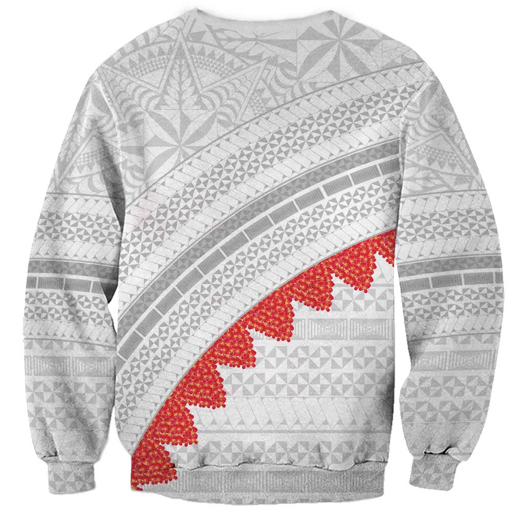 Tonga White Sunday Sweatshirt Heilala Flowers Tongan Ngatu Pattern