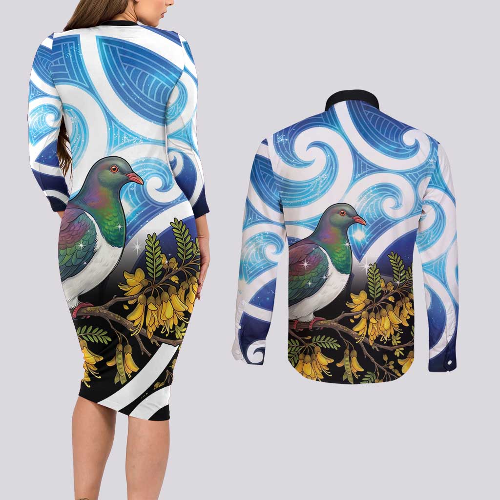Kekeru New Zealand Matariki Couples Matching Long Sleeve Bodycon Dress and Long Sleeve Button Shirt Kukupa Kowhai Maori New Year Blue Version