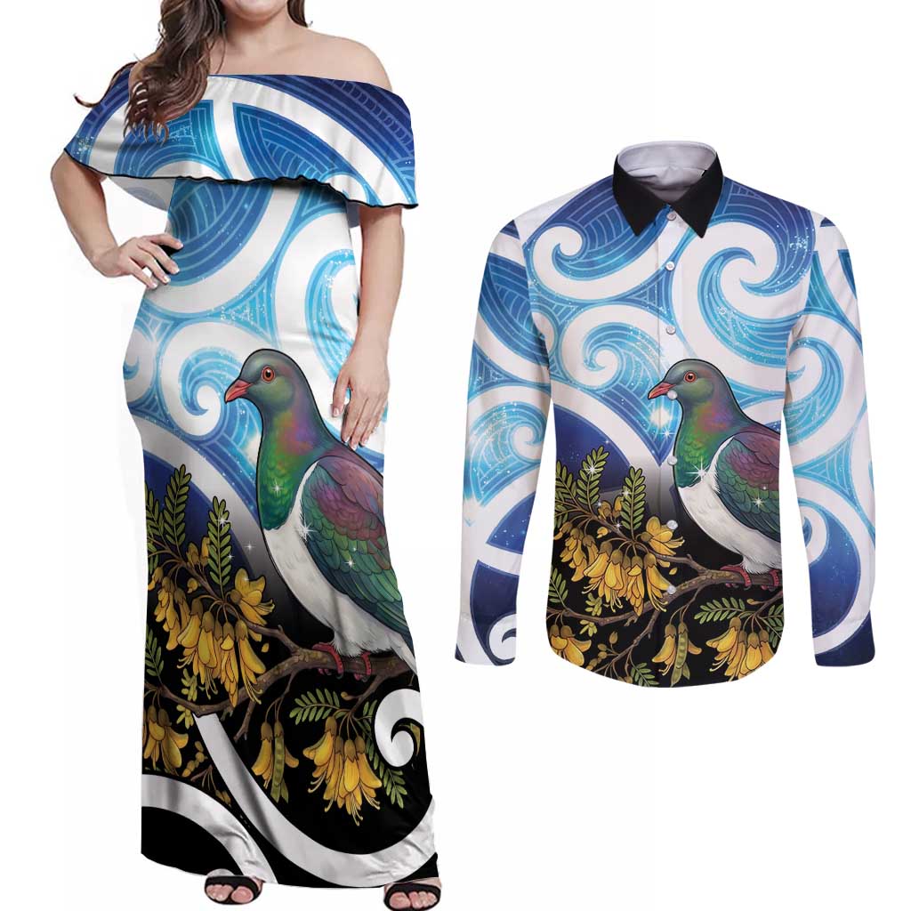 Kekeru New Zealand Matariki Couples Matching Off Shoulder Maxi Dress and Long Sleeve Button Shirt Kukupa Kowhai Maori New Year Blue Version LT14 Blue - Polynesian Pride
