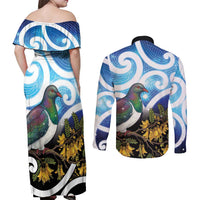 Kekeru New Zealand Matariki Couples Matching Off Shoulder Maxi Dress and Long Sleeve Button Shirt Kukupa Kowhai Maori New Year Blue Version