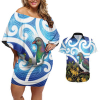 Kekeru New Zealand Matariki Couples Matching Off Shoulder Short Dress and Hawaiian Shirt Kukupa Kowhai Maori New Year Blue Version