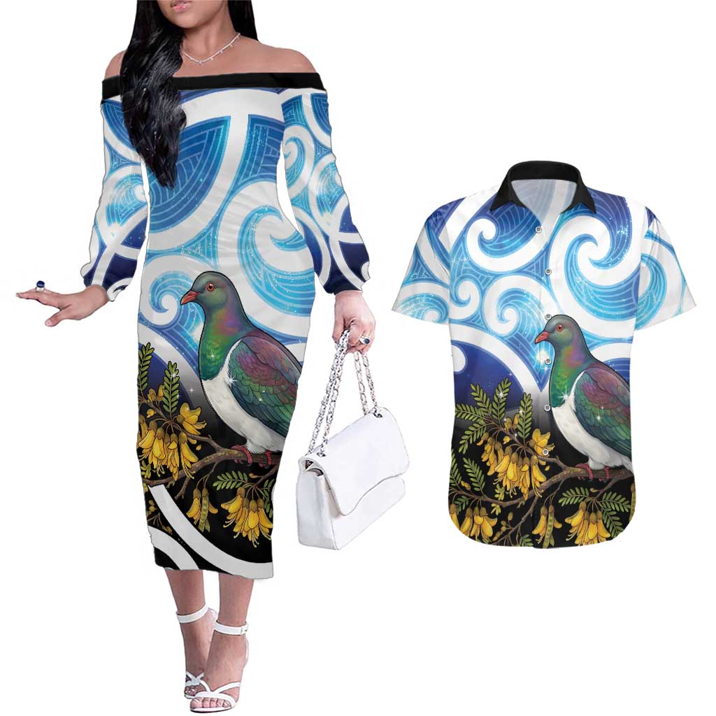 Kekeru New Zealand Matariki Couples Matching Off The Shoulder Long Sleeve Dress and Hawaiian Shirt Kukupa Kowhai Maori New Year Blue Version