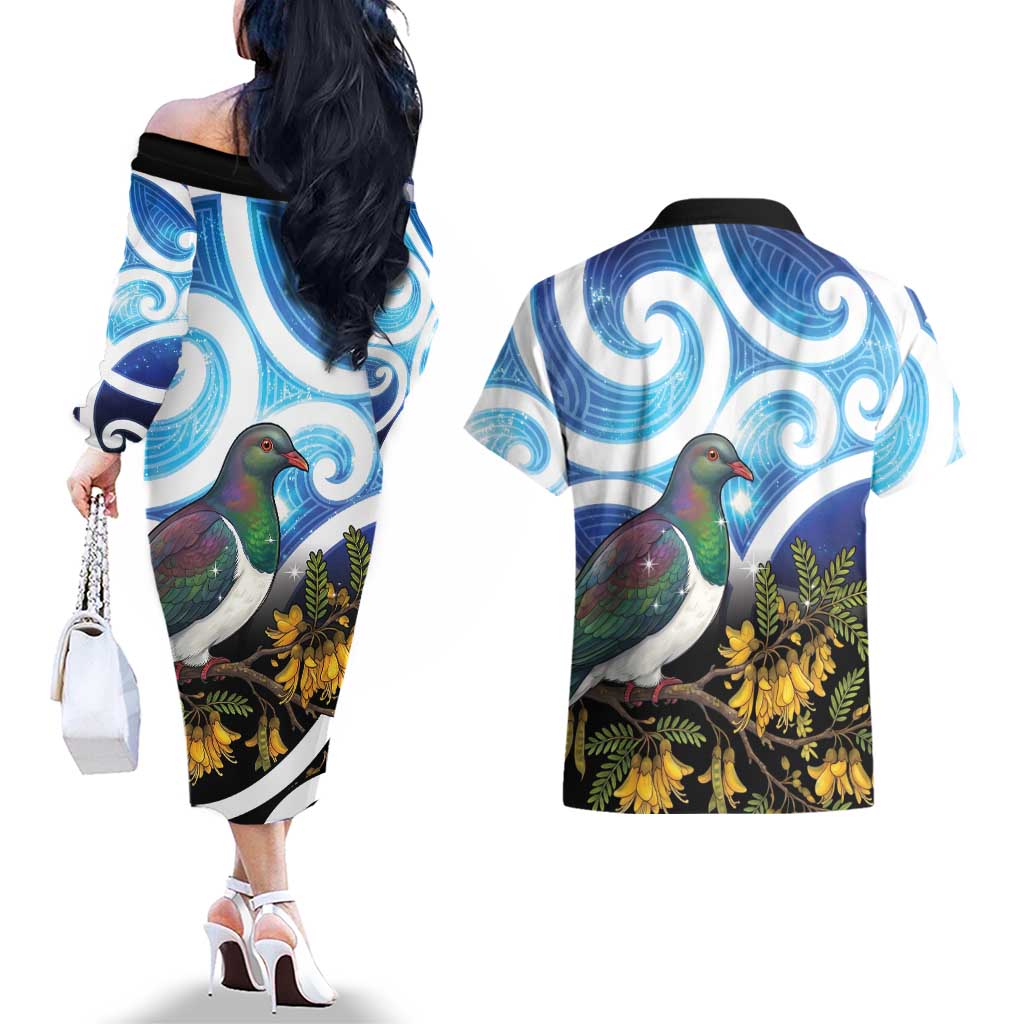 Kekeru New Zealand Matariki Couples Matching Off The Shoulder Long Sleeve Dress and Hawaiian Shirt Kukupa Kowhai Maori New Year Blue Version