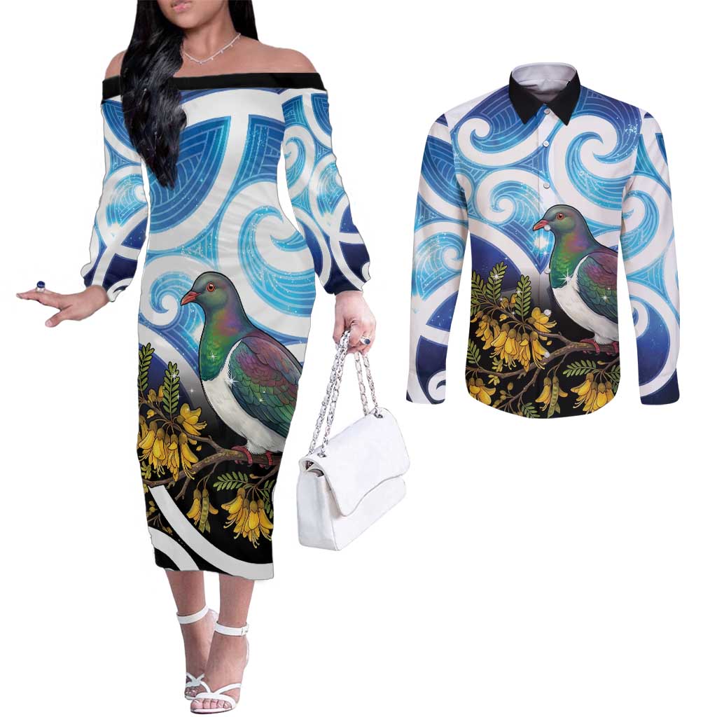 Kekeru New Zealand Matariki Couples Matching Off The Shoulder Long Sleeve Dress and Long Sleeve Button Shirt Kukupa Kowhai Maori New Year Blue Version LT14 Blue - Polynesian Pride