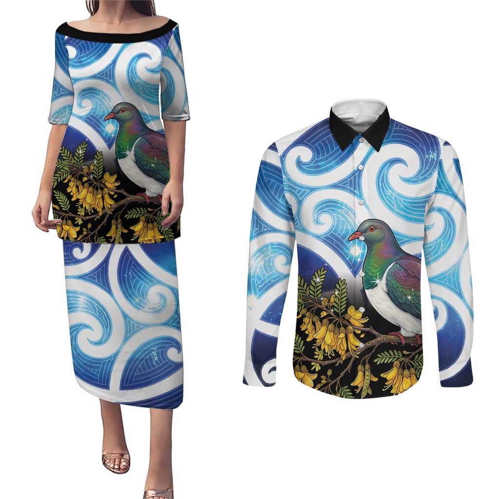 Kekeru New Zealand Matariki Couples Matching Puletasi and Long Sleeve Button Shirt Kukupa Kowhai Maori New Year Blue Version LT14 Blue - Polynesian Pride