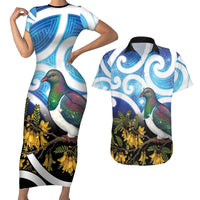 Kekeru New Zealand Matariki Couples Matching Short Sleeve Bodycon Dress and Hawaiian Shirt Kukupa Kowhai Maori New Year Blue Version