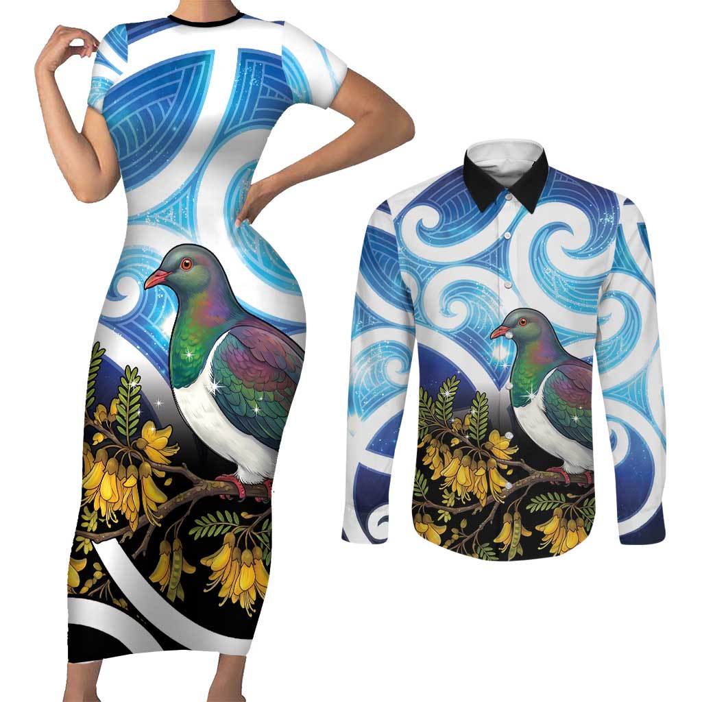Kekeru New Zealand Matariki Couples Matching Short Sleeve Bodycon Dress and Long Sleeve Button Shirt Kukupa Kowhai Maori New Year Blue Version LT14 Blue - Polynesian Pride
