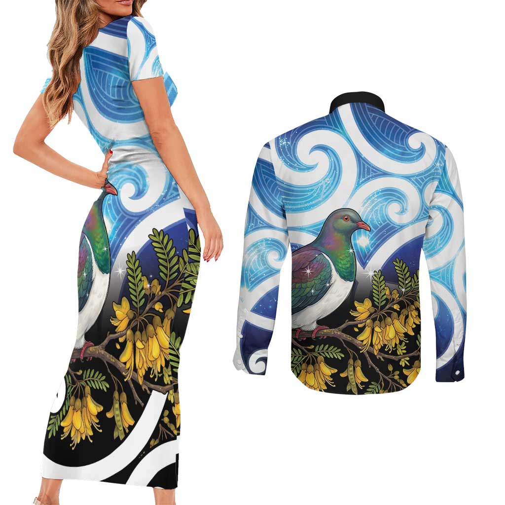 Kekeru New Zealand Matariki Couples Matching Short Sleeve Bodycon Dress and Long Sleeve Button Shirt Kukupa Kowhai Maori New Year Blue Version
