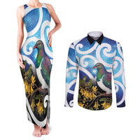 Kekeru New Zealand Matariki Couples Matching Tank Maxi Dress and Long Sleeve Button Shirt Kukupa Kowhai Maori New Year Blue Version