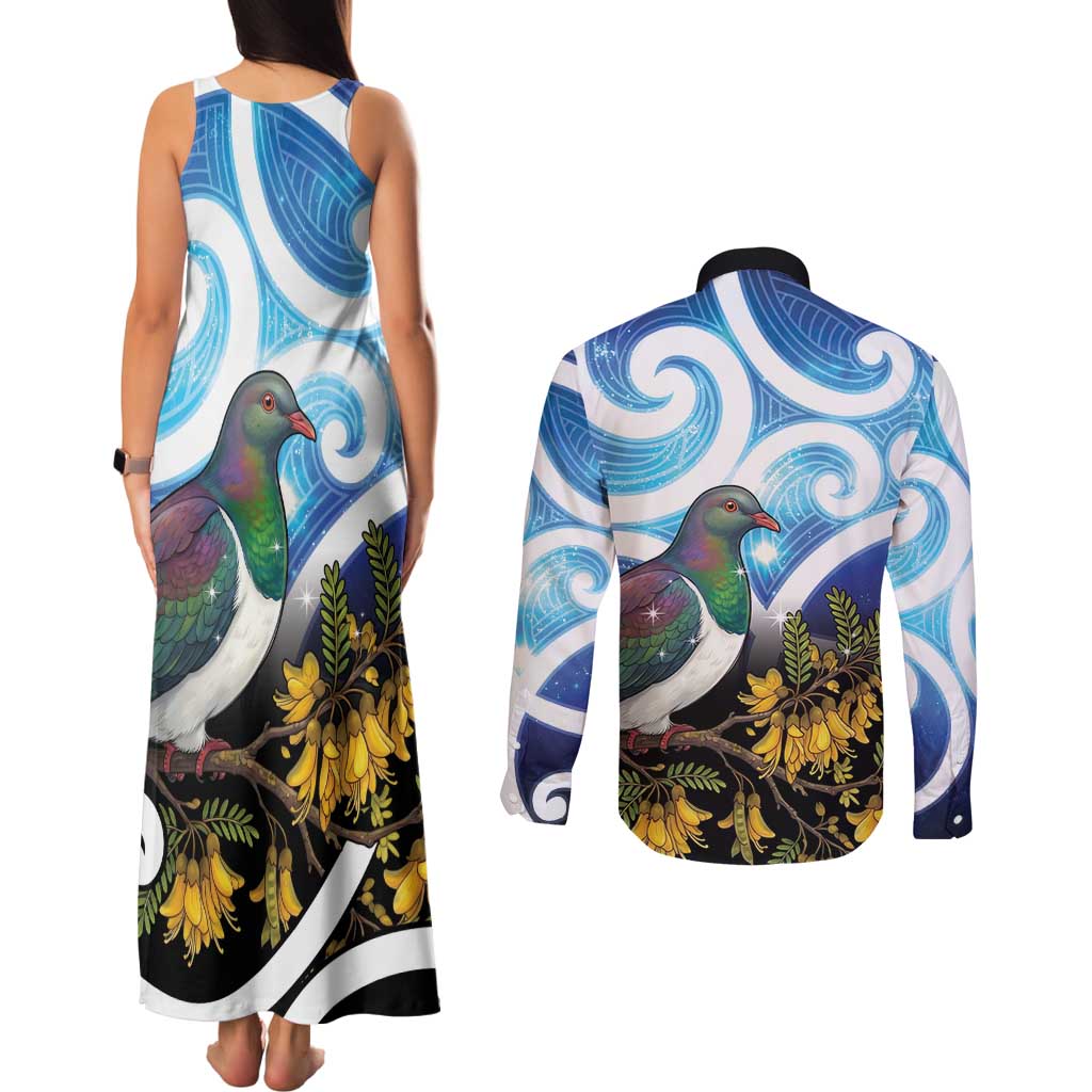Kekeru New Zealand Matariki Couples Matching Tank Maxi Dress and Long Sleeve Button Shirt Kukupa Kowhai Maori New Year Blue Version