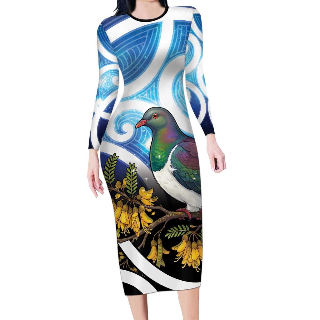 Kekeru New Zealand Matariki Family Matching Long Sleeve Bodycon Dress and Hawaiian Shirt Kukupa Kowhai Maori New Year Blue Version