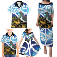 Kekeru New Zealand Matariki Family Matching Puletasi and Hawaiian Shirt Kukupa Kowhai Maori New Year Blue Version