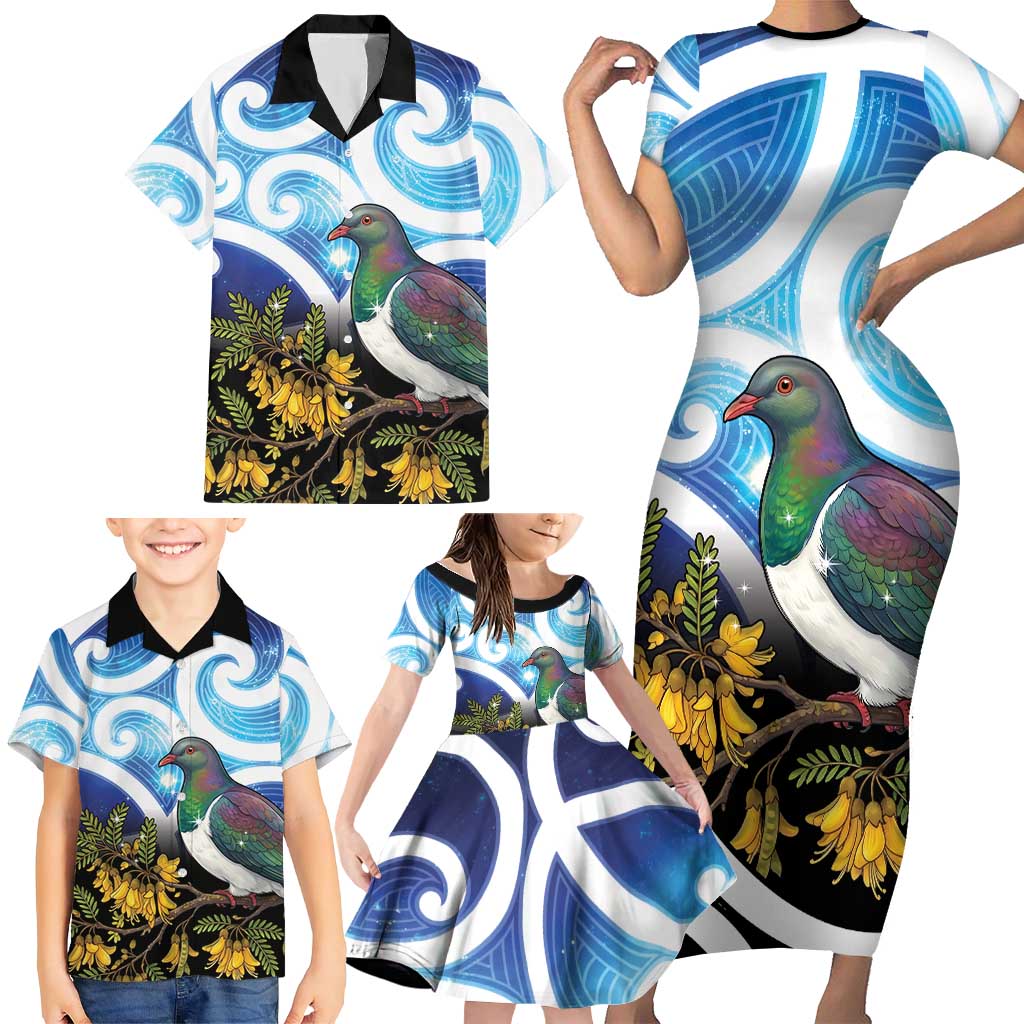 Kekeru New Zealand Matariki Family Matching Short Sleeve Bodycon Dress and Hawaiian Shirt Kukupa Kowhai Maori New Year Blue Version LT14 - Polynesian Pride