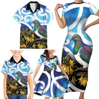 Kekeru New Zealand Matariki Family Matching Short Sleeve Bodycon Dress and Hawaiian Shirt Kukupa Kowhai Maori New Year Blue Version