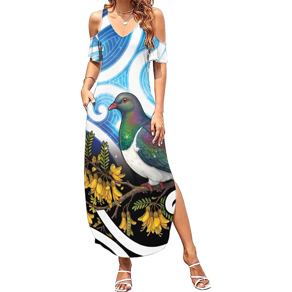 Kekeru New Zealand Matariki Family Matching Summer Maxi Dress and Hawaiian Shirt Kukupa Kowhai Maori New Year Blue Version