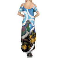Kekeru New Zealand Matariki Family Matching Summer Maxi Dress and Hawaiian Shirt Kukupa Kowhai Maori New Year Blue Version
