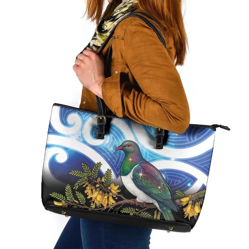 Kekeru New Zealand Matariki Leather Tote Bag Kukupa Kowhai Maori New Year Blue Version LT14 Blue - Polynesian Pride