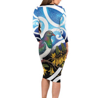 Kekeru New Zealand Matariki Long Sleeve Bodycon Dress Kukupa Kowhai Maori New Year Blue Version