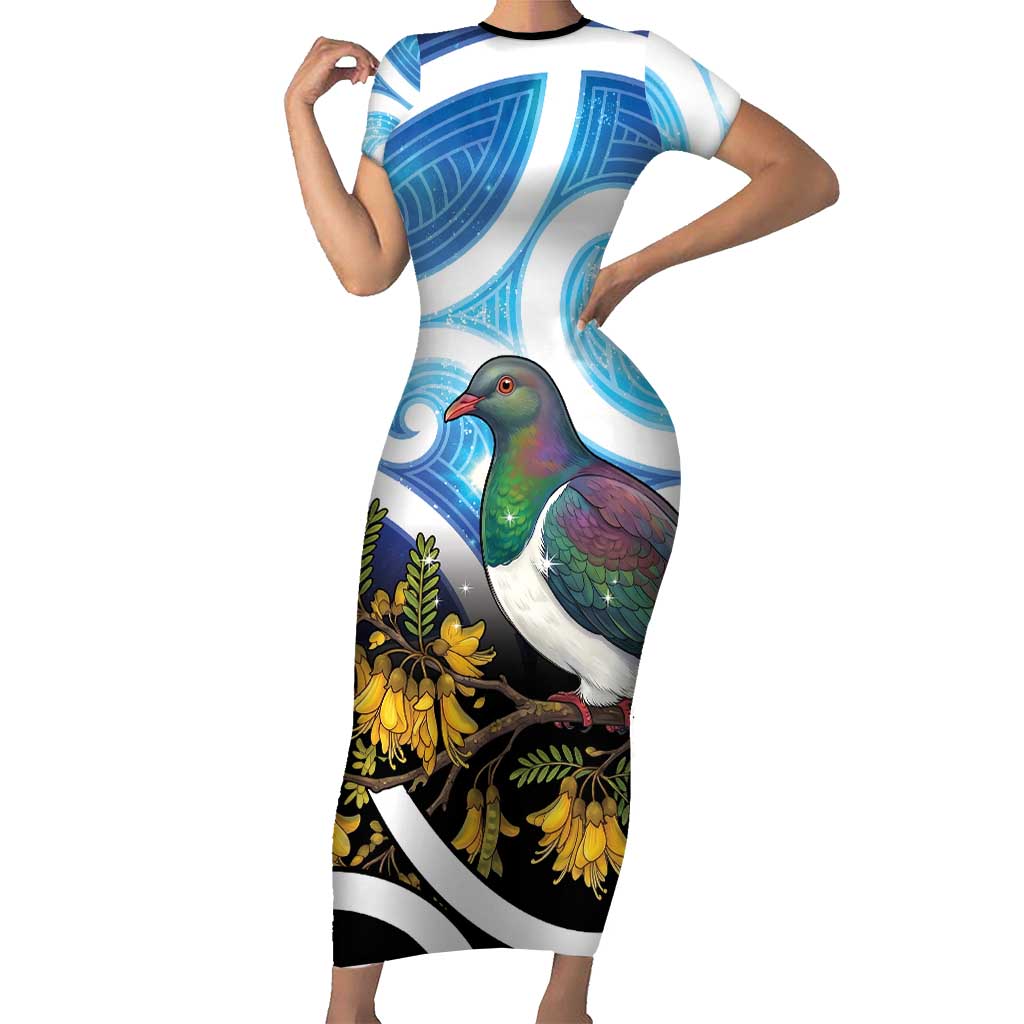 Kekeru New Zealand Matariki Short Sleeve Bodycon Dress Kukupa Kowhai Maori New Year Blue Version