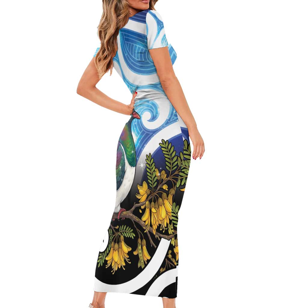 Kekeru New Zealand Matariki Short Sleeve Bodycon Dress Kukupa Kowhai Maori New Year Blue Version