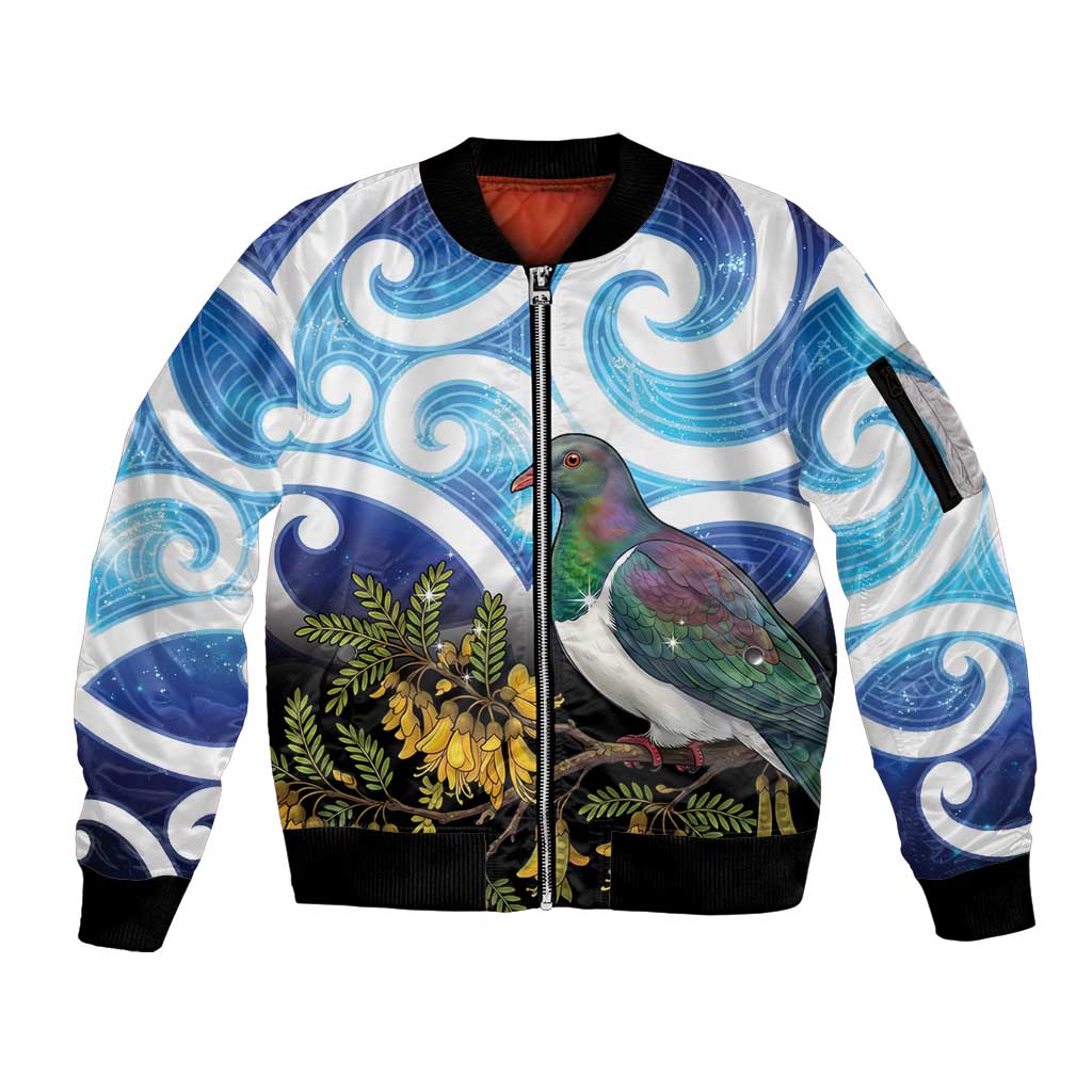 Kekeru New Zealand Matariki Sleeve Zip Bomber Jacket Kukupa Kowhai Maori New Year Blue Version LT14 Unisex Blue - Polynesian Pride