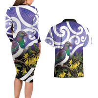 Kekeru New Zealand Matariki Couples Matching Long Sleeve Bodycon Dress and Hawaiian Shirt Kukupa Kowhai Maori New Year Purple Version