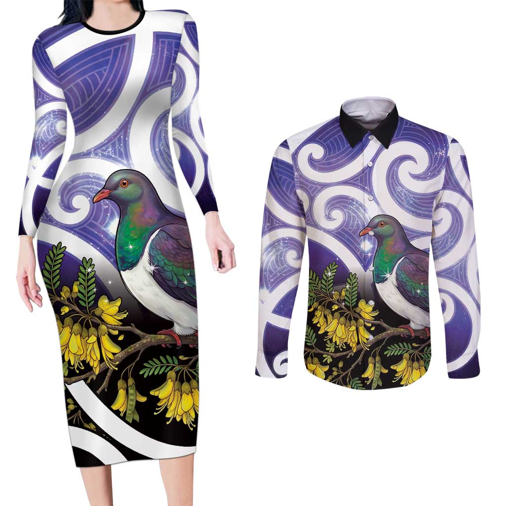Kekeru New Zealand Matariki Couples Matching Long Sleeve Bodycon Dress and Long Sleeve Button Shirt Kukupa Kowhai Maori New Year Purple Version LT14 Purple - Polynesian Pride